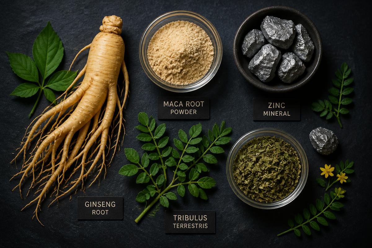 Herbal supplement ingredients typical of men's formulas: ginseng, maca, zinc and tribulus