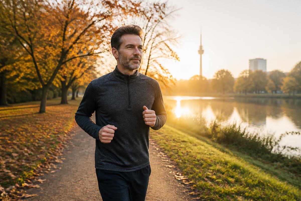 Man in his forties jogging at sunrise in a German park